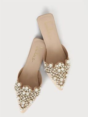 Lulu's Nude Pearl & Bead Embellished Pointed Toe Slide Mules